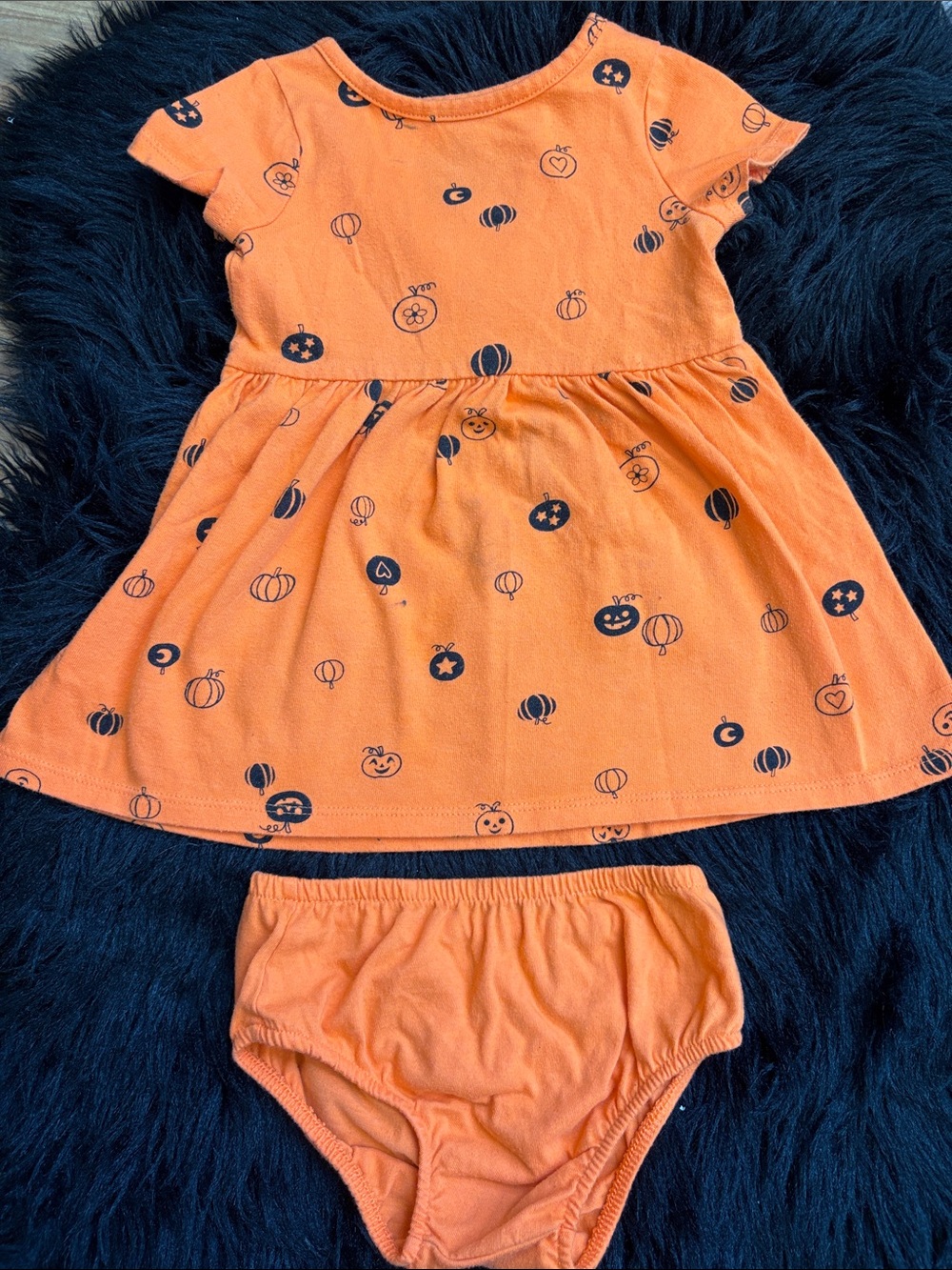 Orange Baby Dress with Bloomers - Pumpkin Print